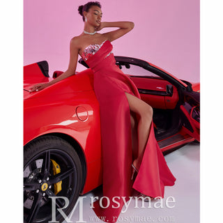 red prom dress with leg slit