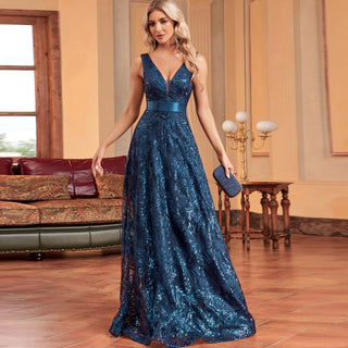 Luxury V-Neck Sequins Evening Gown Women Elegant Prom Maxi Dress