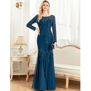 Sequins Long Sleeves Round Neck Slim Fit Mermaid Formal Evening Dress