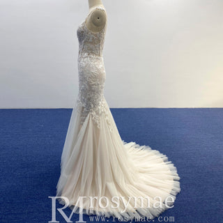 Elegant Spaghetti Strap Trumpet Tulle Lace Wedding Dress