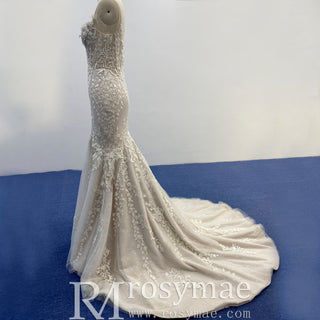 Spaghetti Strap Champagne Tulle Lace Trumpet Wedding Dress