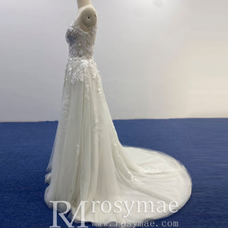 Sheer Bodice Elegant Tulle Lace A-line Wedding Dress with Vneck