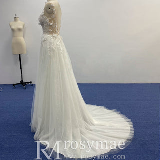 Elegant Tulle and Lace A-line Wedding Dress with Sheer Bodice