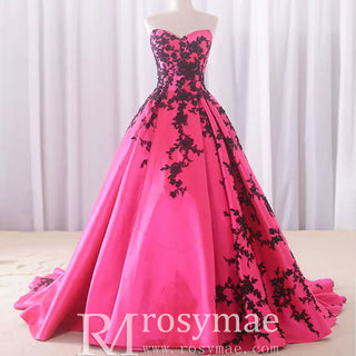 Satin Prom Dress Ball Gown V-Neck Cathedral Train With Lace