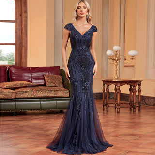 Sequins Mermaid Formal Evening Gown V-neck Prom Dress