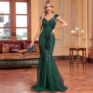 Sequins Mermaid Formal Evening Gown V-neck Prom Dress