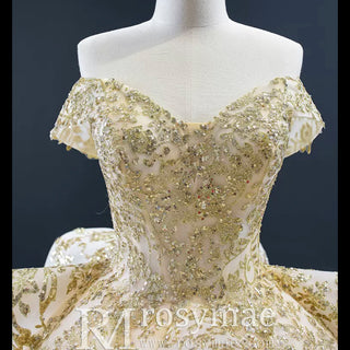 Vintage Gold Ball Gown Wedding Dress with Off the Shoulder