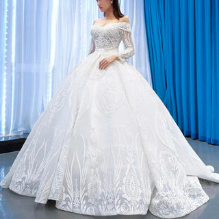 Ball Gown Lace Wedding Dresses with Off the Shoulder Long Sleeves