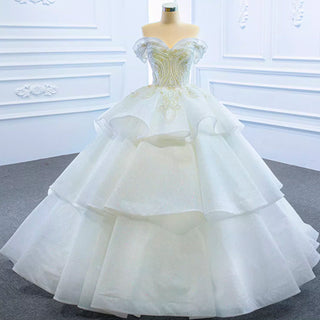 Vintage Off the Shoulder Tiered Ball Gown Wedding Dress