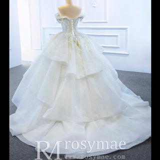 Vintage Off the Shoulder Tiered Ball Gown Wedding Dress