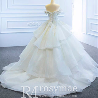 Vintage Off the Shoulder Tiered Ball Gown Wedding Dress