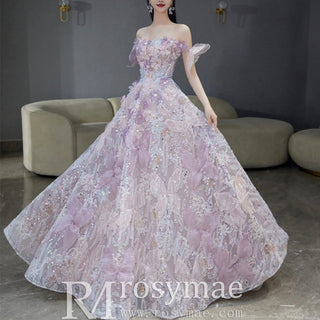 Violet 3D Floral A-Line Formal Dress Off Shoulder Evening Prom Gown