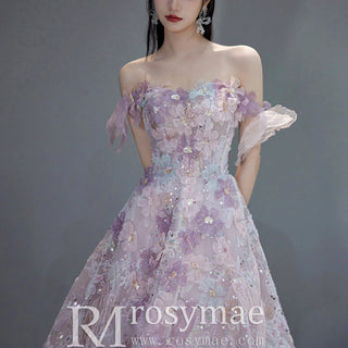 Violet 3D Floral A-Line Formal Dress Off Shoulder Evening Prom Gown