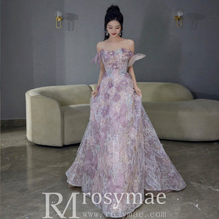 Violet 3D Floral A-Line Formal Dress Off Shoulder Evening Prom Gown