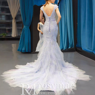 Latest Beading Sequined Wedding Dress V-Neck Vintage Mermaid Bridal Gown