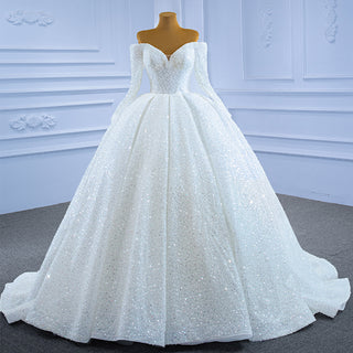 Elegant White Sequins Long Sleeves Ball Gown Bride Wedding Dress