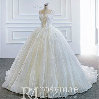 Classic Sheer Bodice Ball Gown Wedding Dress with Square Neckline