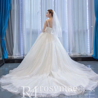 Classic Sheer Bodice Ball Gown Wedding Dress with Square Neckline