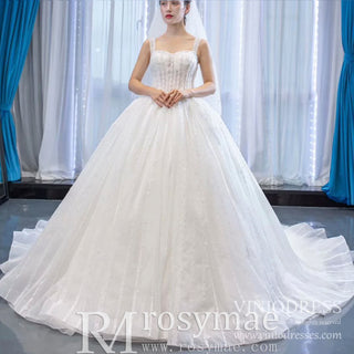 Classic Sheer Bodice Ball Gown Wedding Dress with Square Neckline