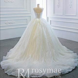 Classic Sheer Bodice Ball Gown Wedding Dress with Square Neckline