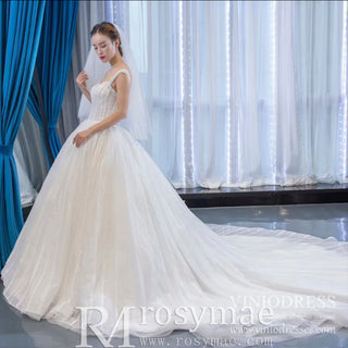 Classic Sheer Bodice Ball Gown Wedding Dress with Square Neckline