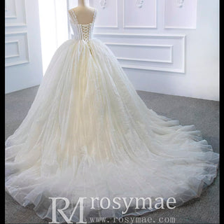 Classic Sheer Bodice Ball Gown Wedding Dress with Square Neckline