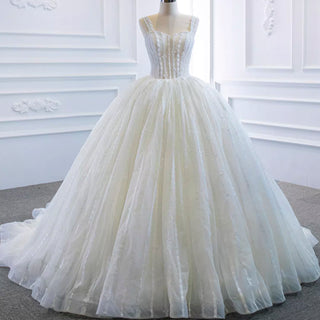 Classic Sheer Bodice Ball Gown Wedding Dress with Square Neckline