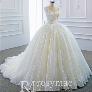 Classic Sheer Bodice Ball Gown Wedding Dress with Square Neckline