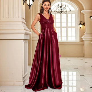 Long Maxi Dress Formal Prom Gown With V-Neckline And Pockets