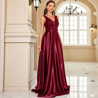 Long Maxi Dress Formal Prom Gown With V-Neckline And Pockets