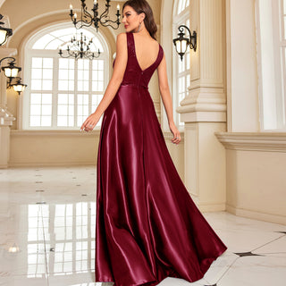 Long Maxi Dress Formal Prom Gown With V-Neckline And Pockets