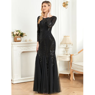 Sequins Long Sleeves Round Neck Slim Fit Mermaid Formal Evening Dress