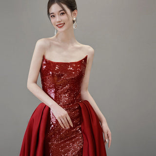 Elegant Wine Red Evening Dress Leg Split Sequins Formal Prom Dress