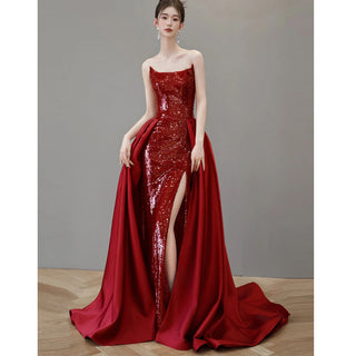 Elegant Wine Red Evening Dress Leg Split Sequins Formal Prom Dress