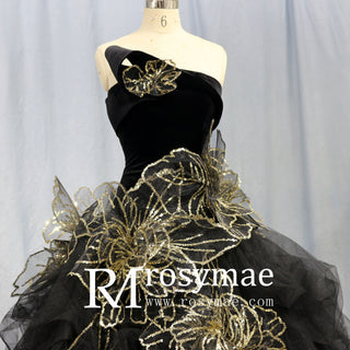 Black-bridal-gown-with-gold-flower