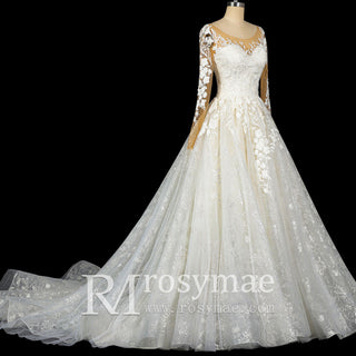 Princess Lace Ball Gown Wedding Dress Illusion Long Sleeve