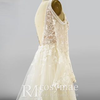 Plunging V Neck Off-The-Shoulder Wedding Dress with Long Sleeve