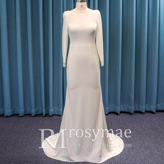 Sleek and Simple Soft Satin Mermaid Wedding Dress with Long Sleeve