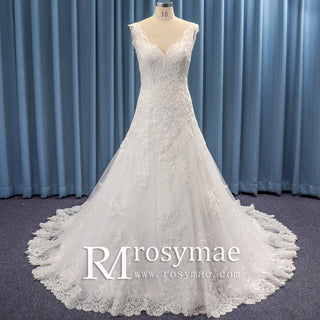 Double V Scallop Lace Ball Gown Bridal Wedding Dress Long Train
