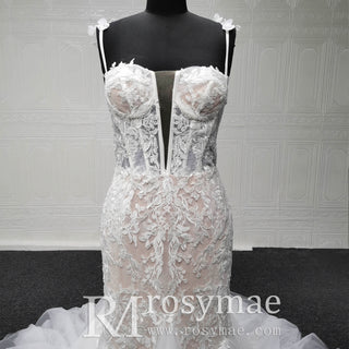 Spaghetti Straps Ruched Multi Tulle Trumpet Wedding Dresses