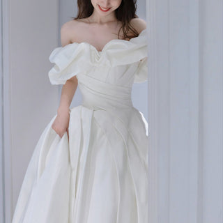 Satin A-line Off the Shoulder Wedding Dress with Asymmetric Neck