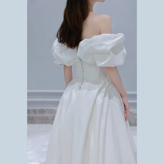 Satin A-line Off the Shoulder Wedding Dress with Asymmetric Neck