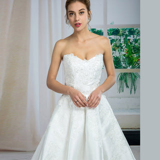 Classic Cathedral Train Satin and Lace Strapless A-line Wedding Dress