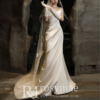 Ruched V-neckline Satin Wedding Dress with Fit and Flare Skirt