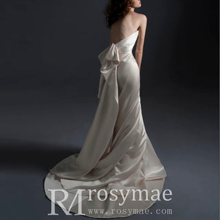 Ruched V-neckline Satin Wedding Dress with Fit and Flare Skirt