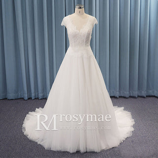 Capped Lightweight Lace Tulle A-line Wedding Dress Low Back
