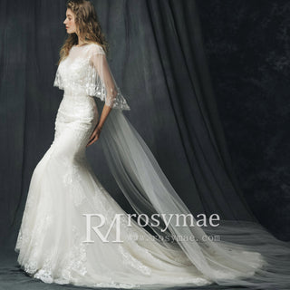 Cape Sleeve Floral Lace Mermaid Bridal Gown Wedding Dress