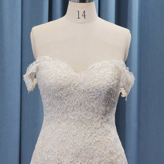Capped Sleeve Champagne Lace Tulle A-line Plus Size Wedding Dress