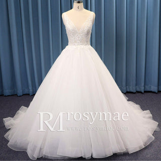 Double V Sheer Bodice Puff Ball Gown Bridal Wedding Dresses
