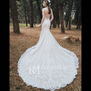 Sheer 3D Floral Lace Mermaid Bridal Gown Wedding Dress